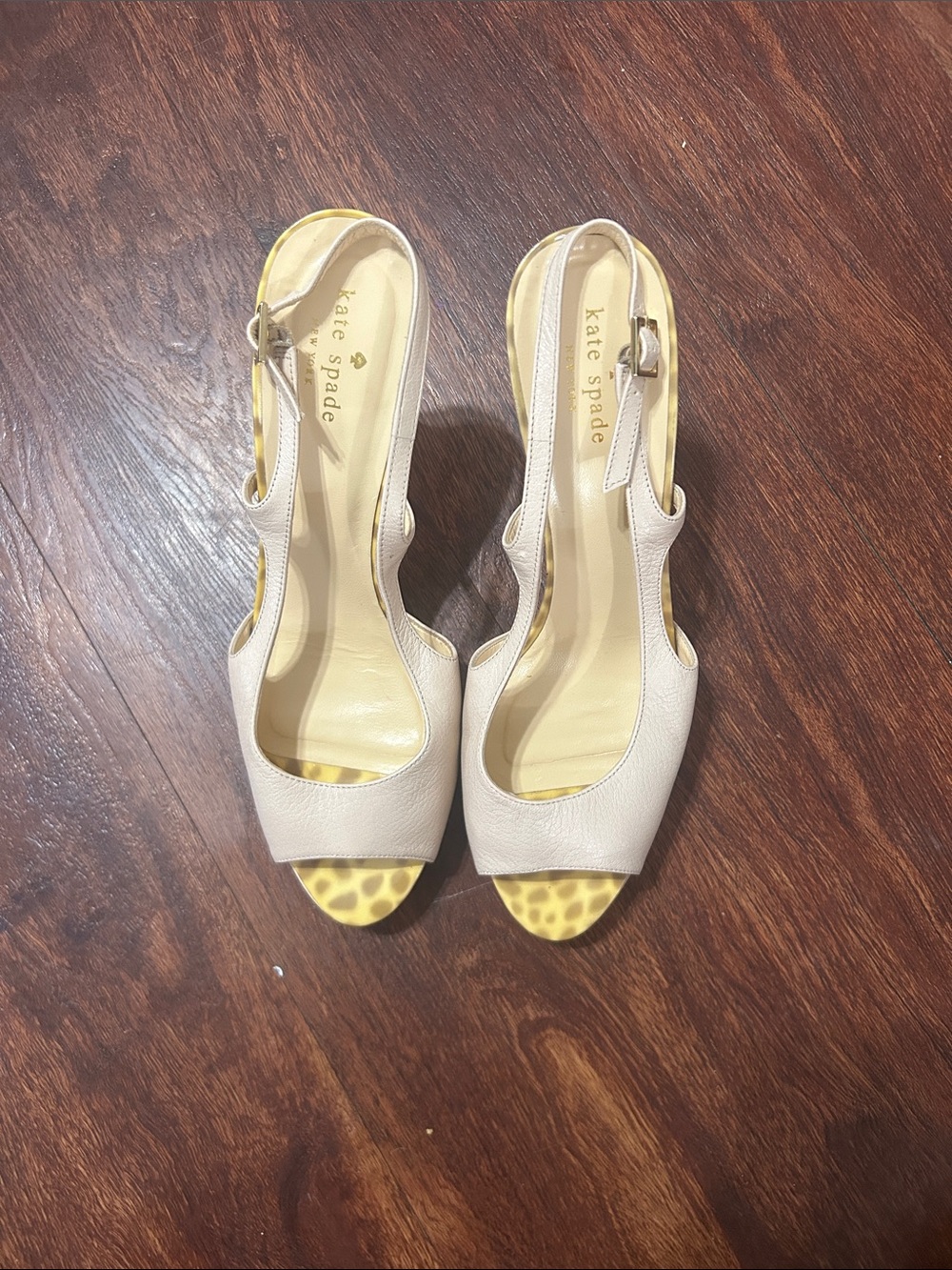 kate spade Cream Peep-Toe Slingback Heels with Yellow Leopard Insole